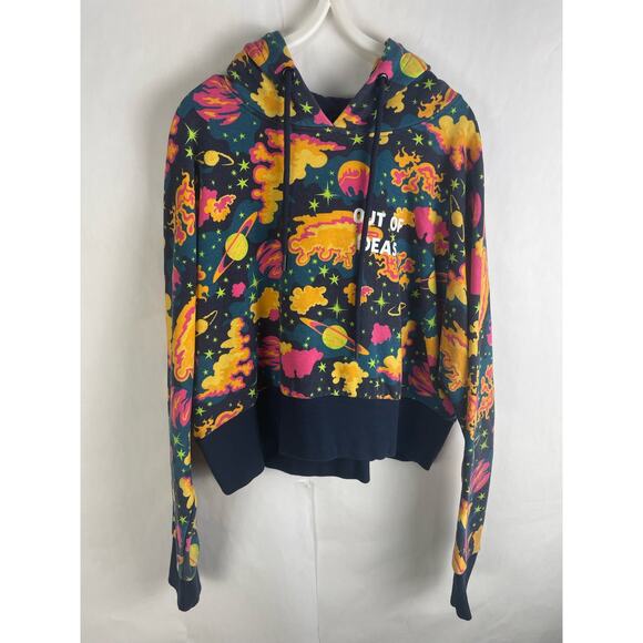 BeFree Out of Ideas blue and yellow outer space print hoodie Med whimsical - Picture 1 of 6